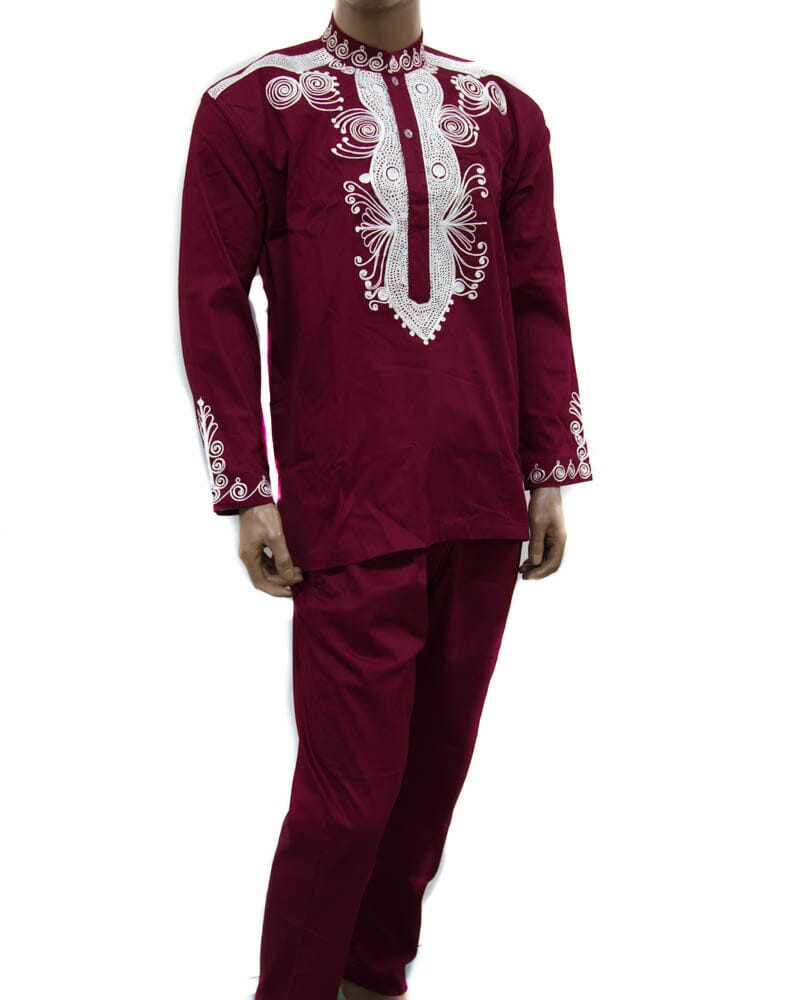 MW20 - Men Clothing African Pant Suit Burgundy/white embroidery 2 way stretch Made in Ghana - Details in Description - Tess World Designs