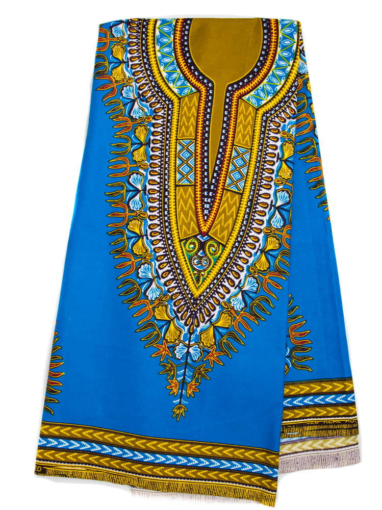 DS72 - Blue Poly Cotton Dashiki Fabric, Small design, 6 yards - Tess World Designs