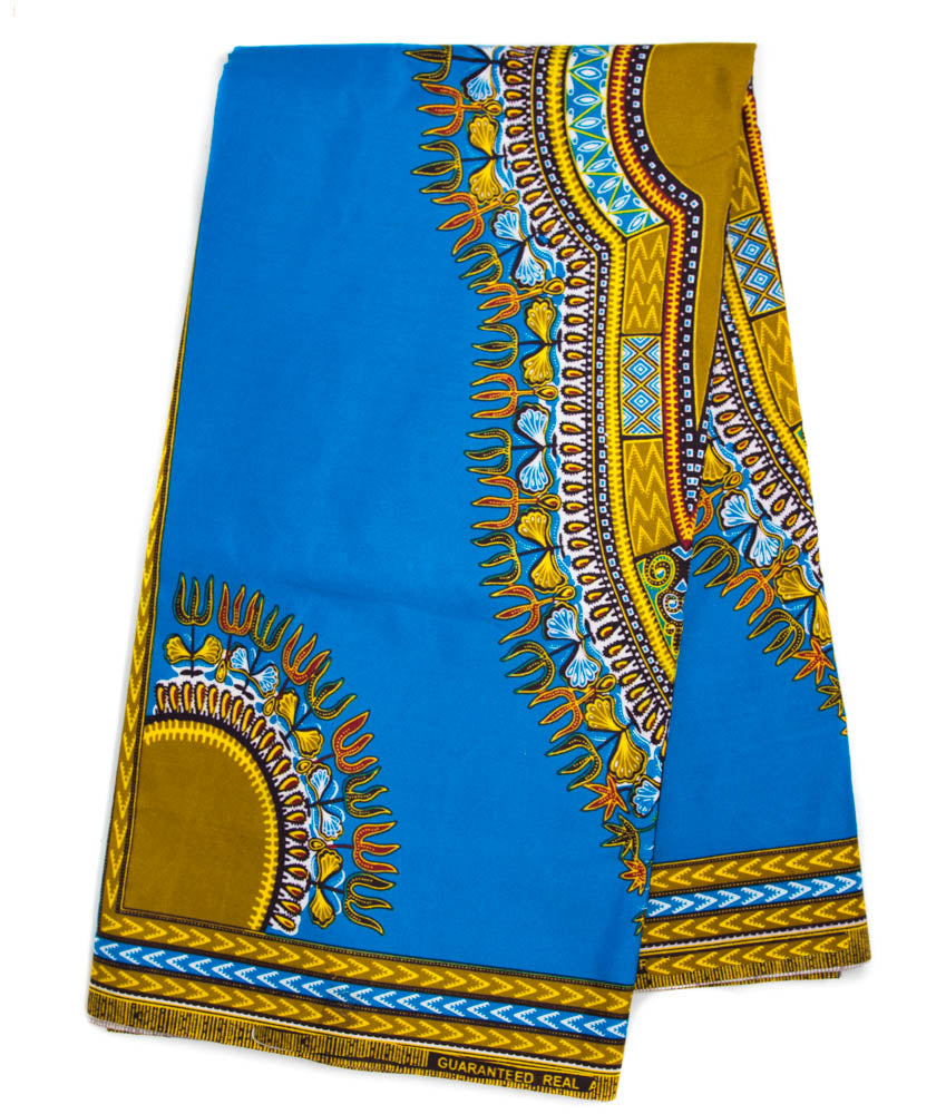 DS72 - Blue Poly Cotton Dashiki Fabric, Small design, 6 yards - Tess World Designs