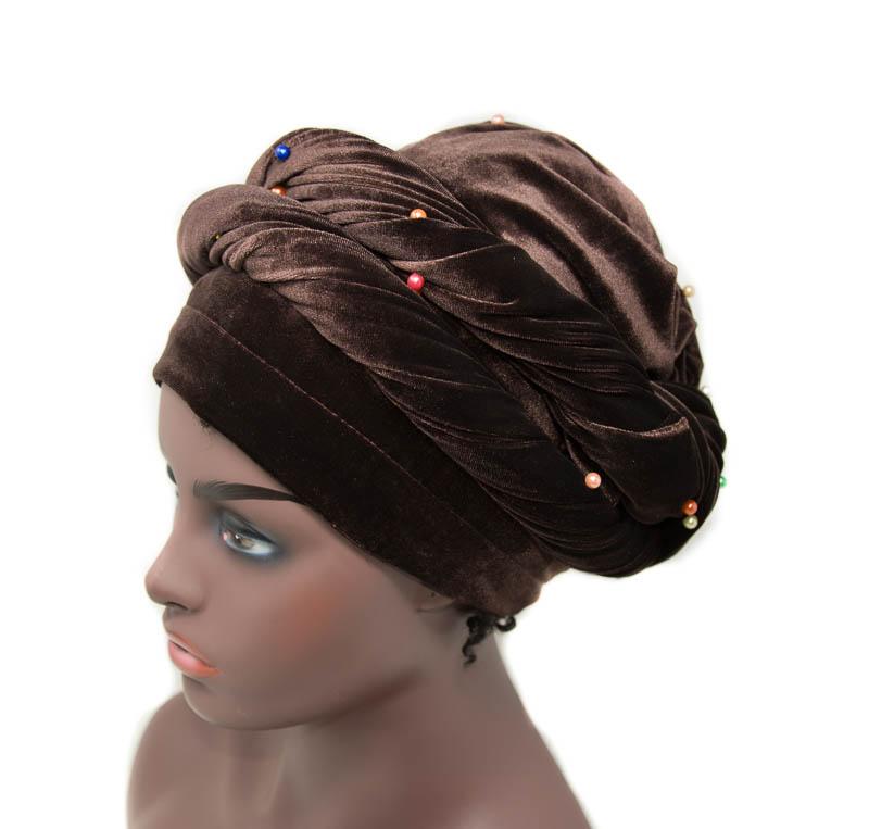 Stretch Velvet tubular headwrap/ brown beaded HT238 - Tess World Designs