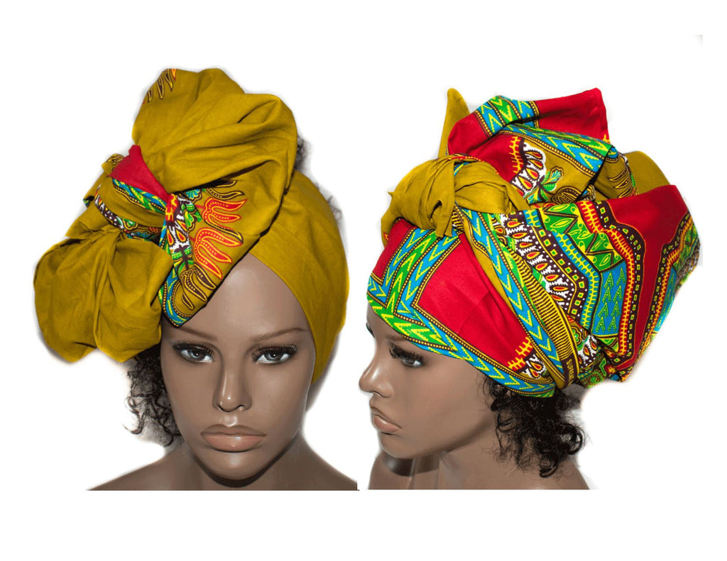 Headwrap, head wrap scarf, Mustard dashiki head wrap HT264 - Tess World Designs